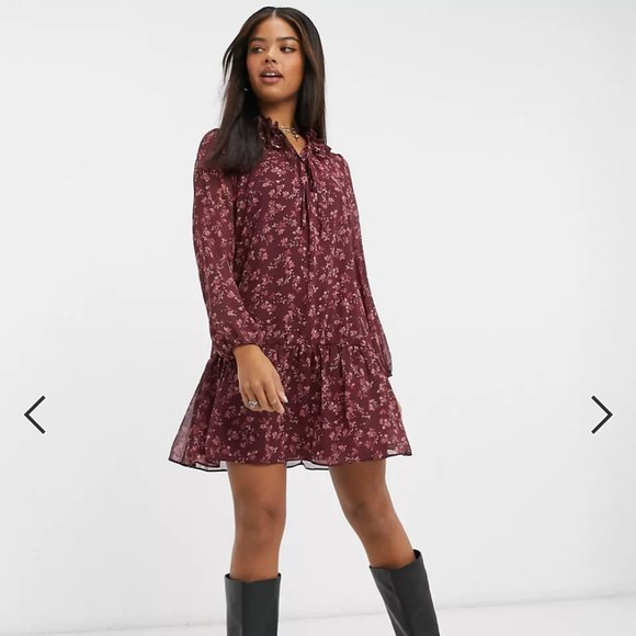 Frill Neck Chiffon Smock Floral Mini Dress - Picture 5 of 8